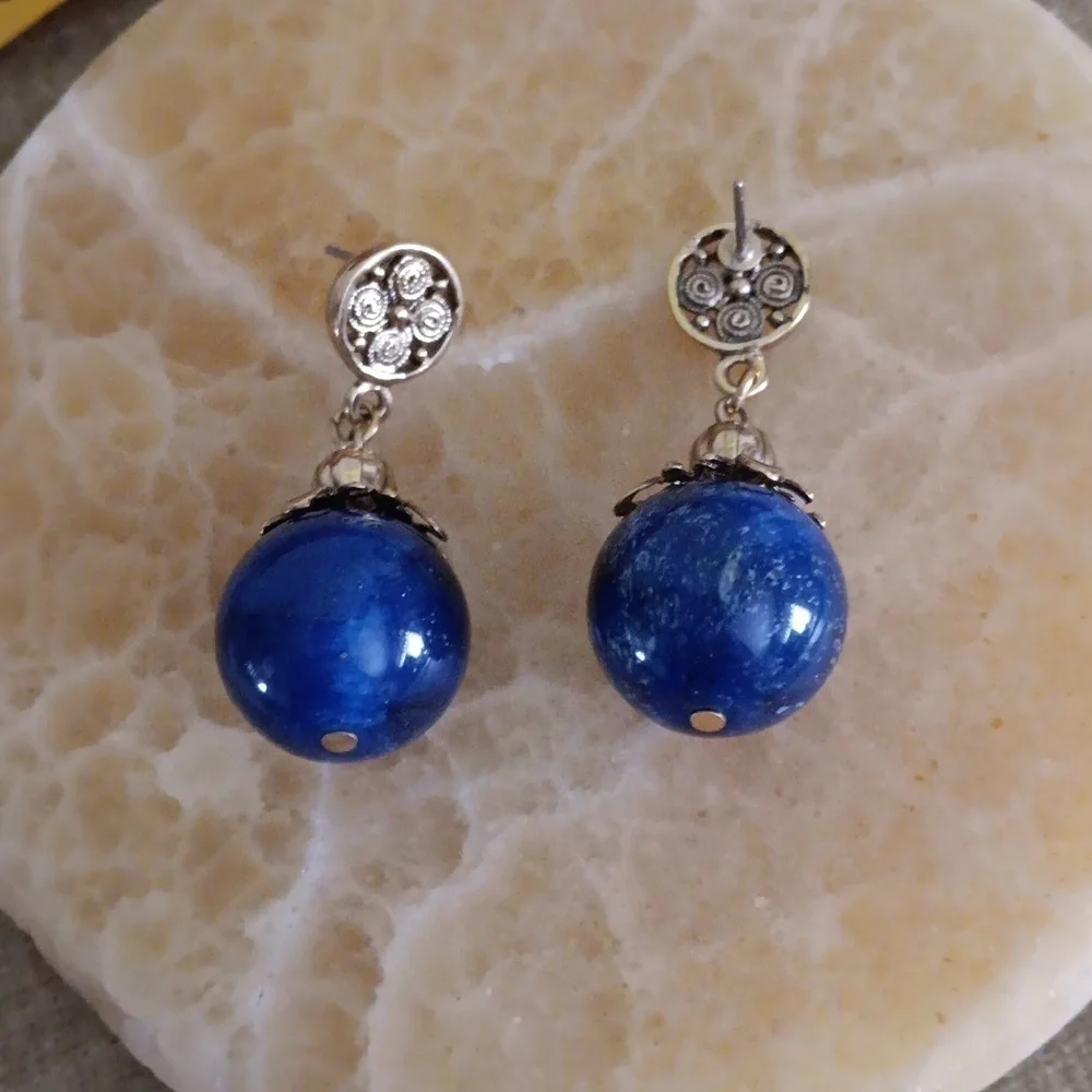 Gold Tone Faux Lapis Blue Dangle Bead Post Earrings